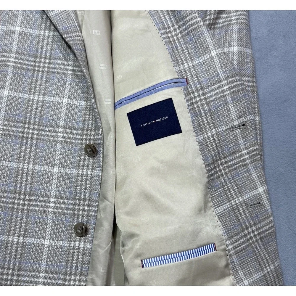 Tommy Hilfiger Blazer Mens 48R Beige Windowpane Glen Plaid Wool Blend Sport Coat